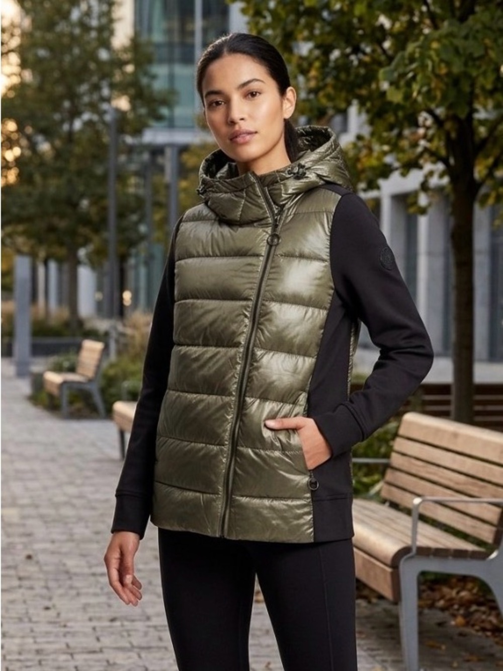 Calvin Klein Mixed Media Olive/Black Down Puffer Hooded Jacket, Medium
